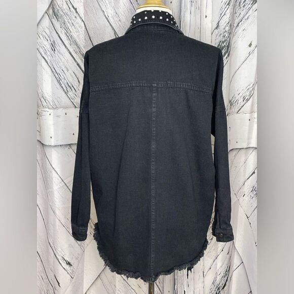Zara Black Oversized Rhinestone Embellished Frayed Denim Jacket S - Picture 2 of 10
